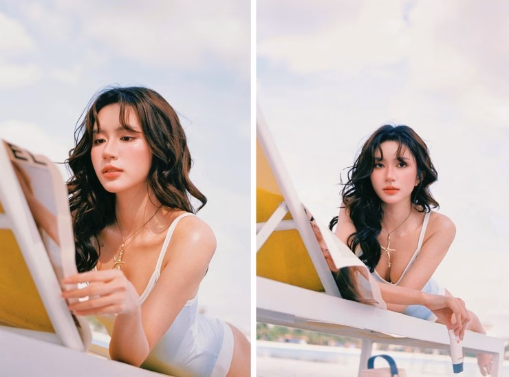 Thiết kế một mảnh màu trắng đơn giản nhưng vẫn làm nổi bật đường nét cơ thể săn chắc của Ngọc Huyền.