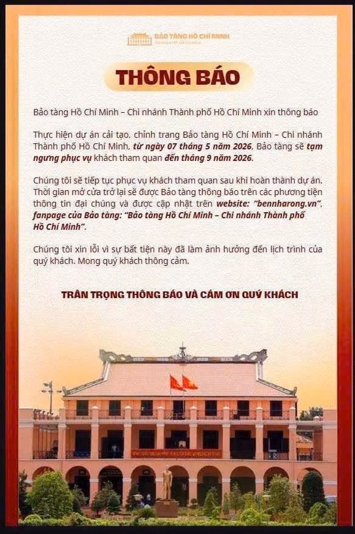 Bảo tàng Hồ Chí Minh – Chi nhánh TP.HCM tạm ngưng phục vụ khách tham quan để thực hiện dự án chỉnh trang, cải tạo